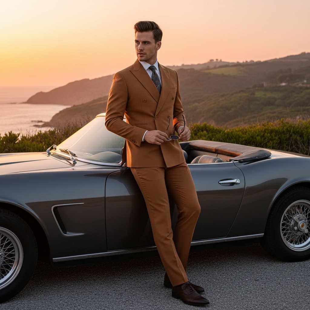 Men’s Vitali Brand Rustish Orange Brown Copper Color Double Breasted Slim Fit Suit - 34 Short or Extra Small