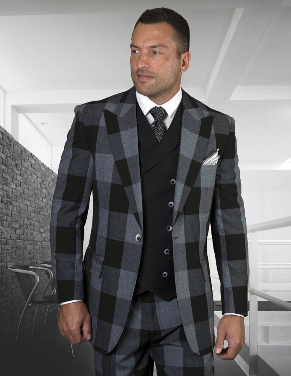 Mens 2 Button Wide Peak Lapel Double Breasted Vest Suit in Black Plaid - 42 Regular