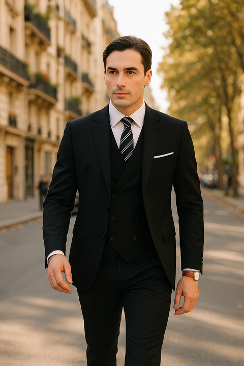 100 Percent  Black Wool Suit - Mens Classic Wool Business  Black Suits - New Arrival