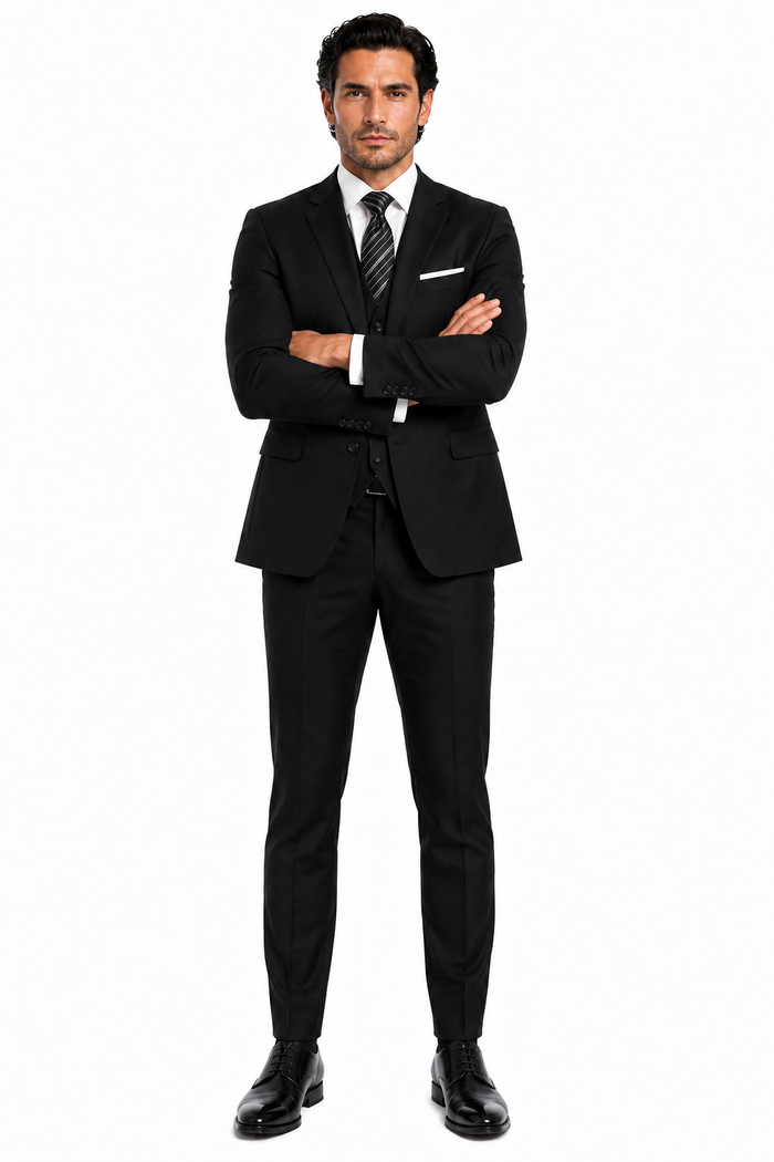 100 Percent  Black Wool Suit - Mens Classic Wool Business  Black Suits - New Arrival