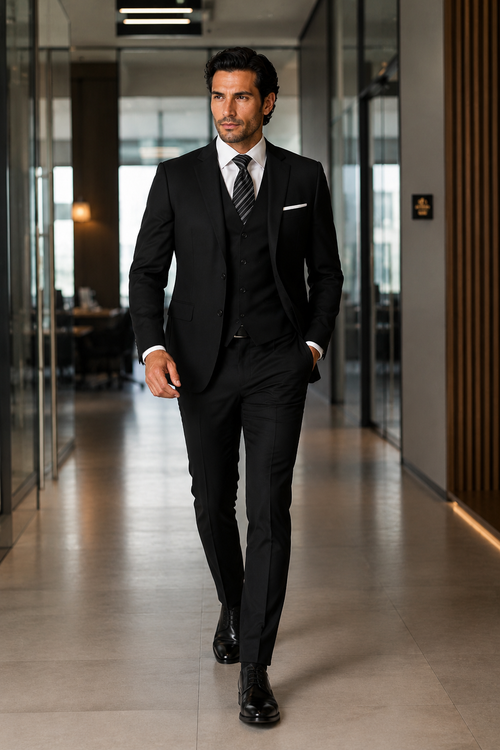 100 Percent  Black Wool Suit - Mens Classic Wool Business  Black Suits - New Arrival