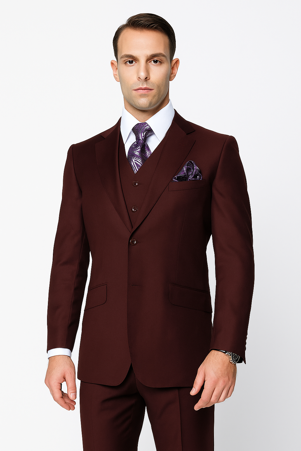 100 Percent Wool Fit Suit - Mens Wool Business EggplantSuits - New Arrival - 34 Short or Extra Small