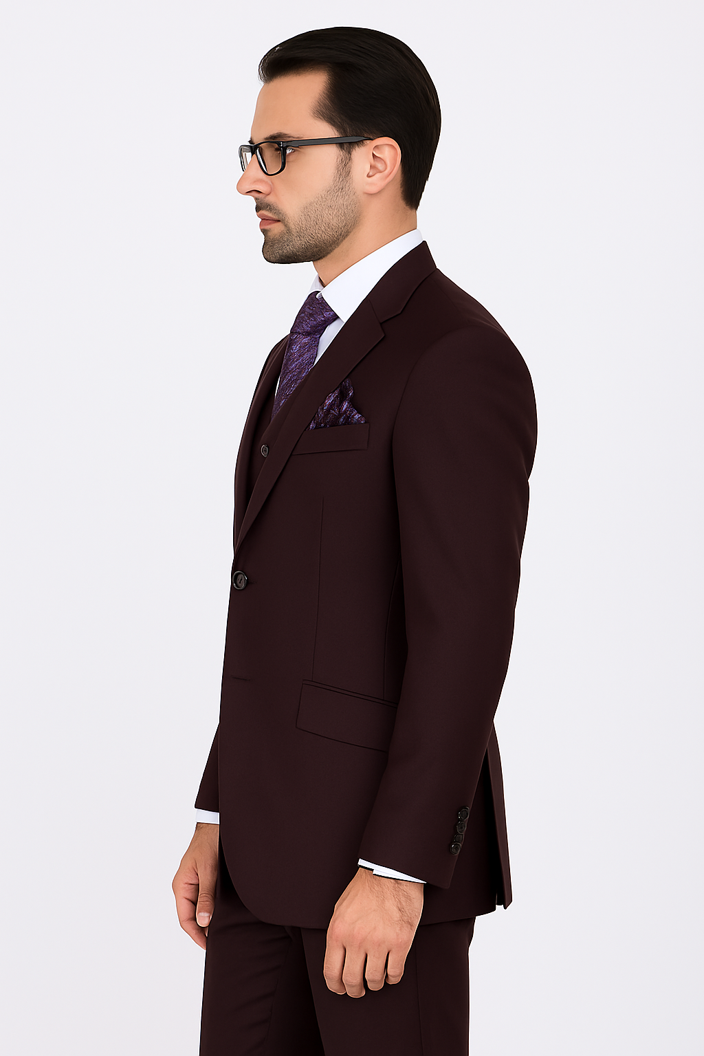 100 Percent Wool Fit Suit - Mens Wool Business EggplantSuits - New Arrival - 34 Short or Extra Small