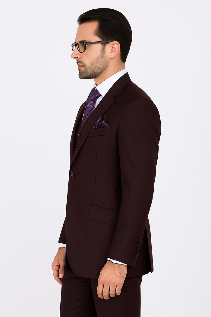 100 Percent Wool Fit Suit - Mens Wool Business EggplantSuits - New Arrival