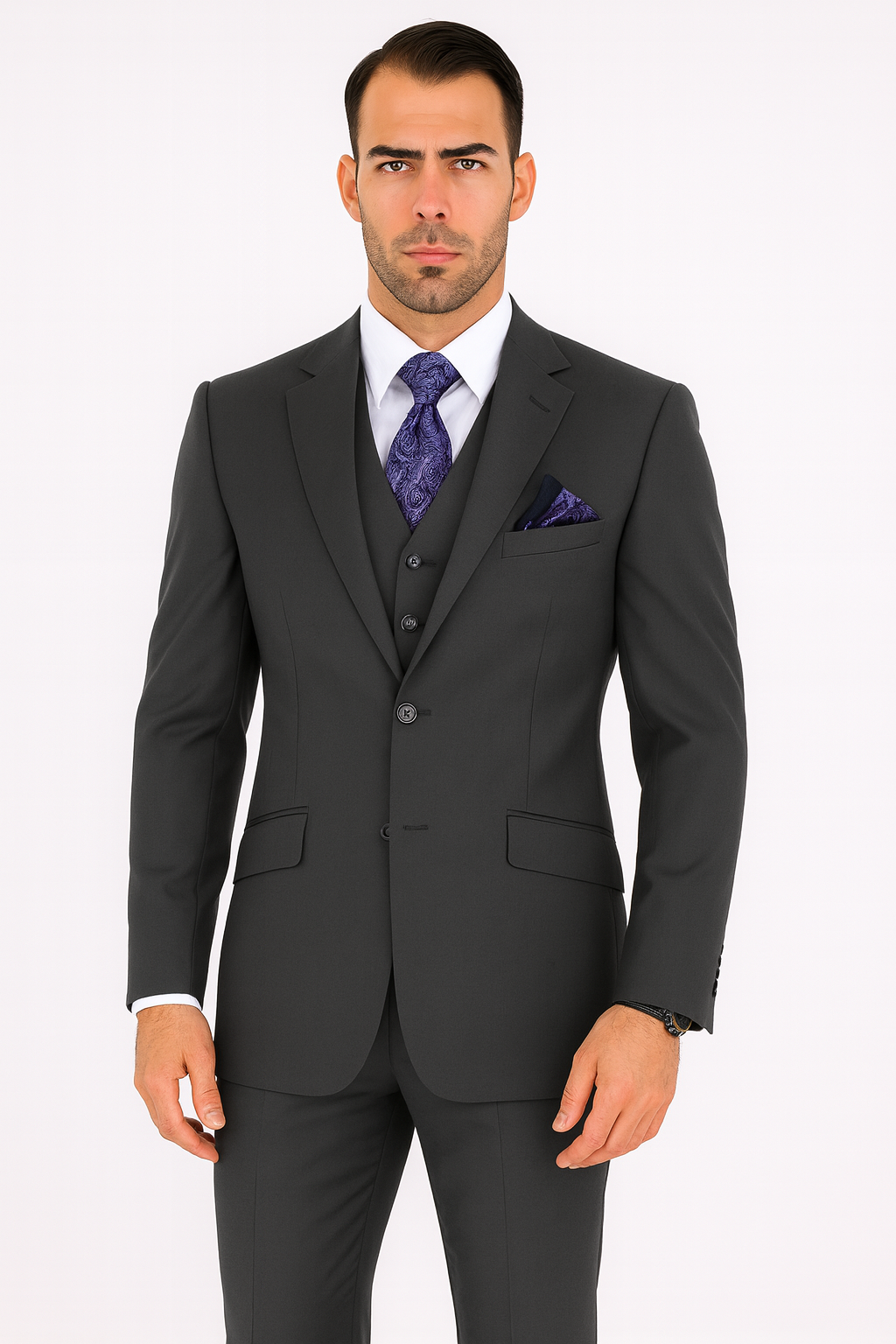 100 Percent Wool Fit Suit - Mens Wool Business EggplantSuits - New Arrival - 34 Short or Extra Small