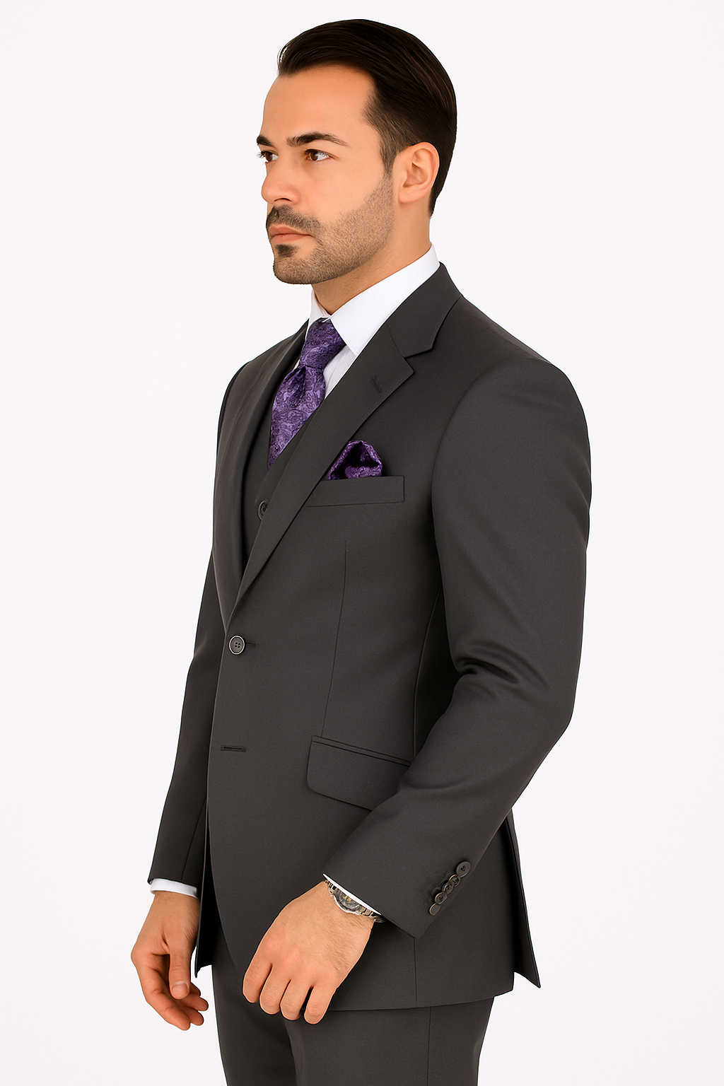 100 Percent Wool Fit Suit - Mens Wool Business EggplantSuits - New Arrival - 34 Short or Extra Small