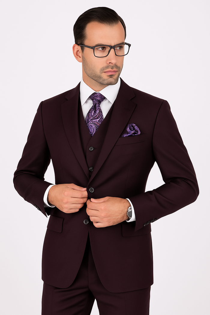 100 Percent Wool Fit Suit - Mens Wool Business EggplantSuits - New Arrival