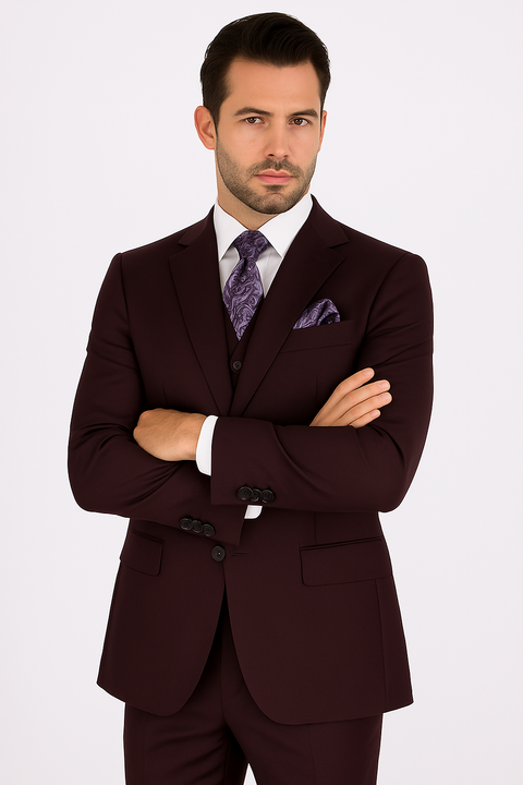 100 Percent Wool Fit Suit - Mens Wool Business EggplantSuits - New Arrival
