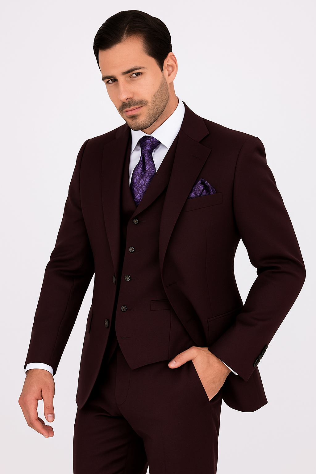 100 Percent Wool Fit Suit - Mens Wool Business EggplantSuits - New Arrival - 34 Short or Extra Small