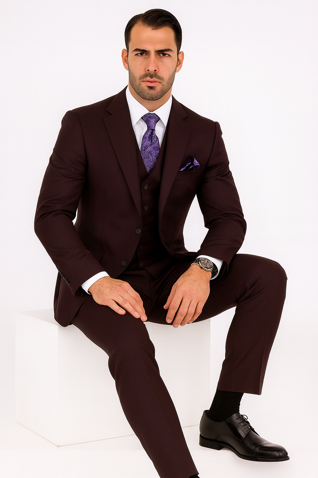 100 Percent Wool Fit Suit - Mens Wool Business EggplantSuits - New Arrival - 34 Short or Extra Small