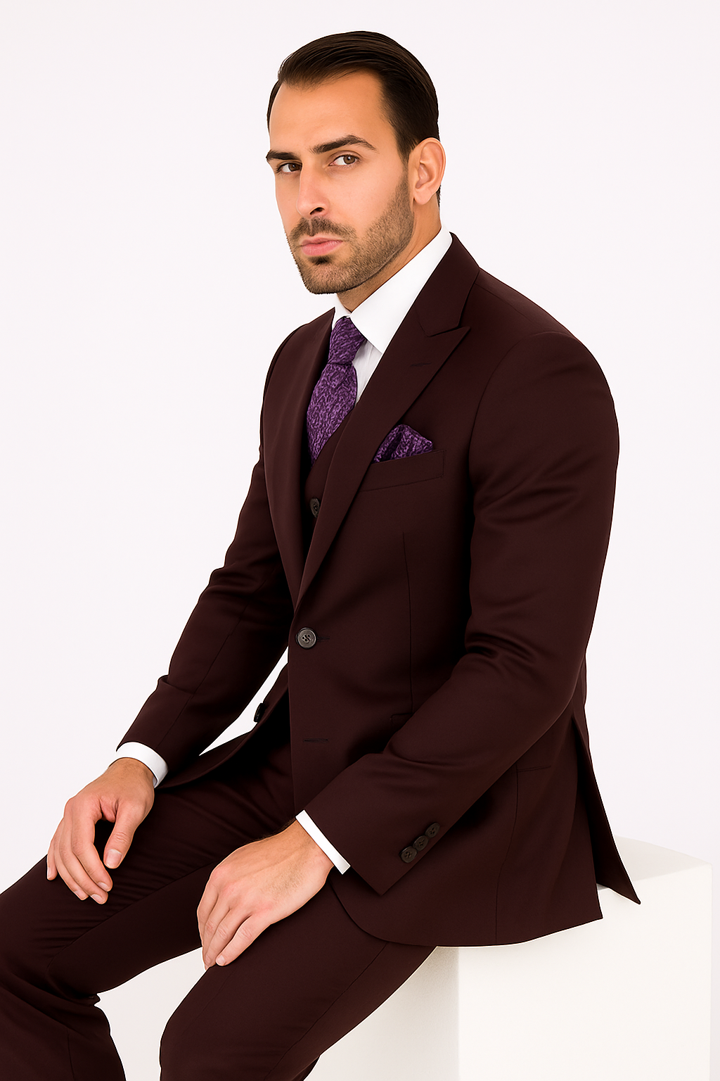 100 Percent Wool Fit Suit - Mens Wool Business EggplantSuits - New Arrival - 34 Short or Extra Small