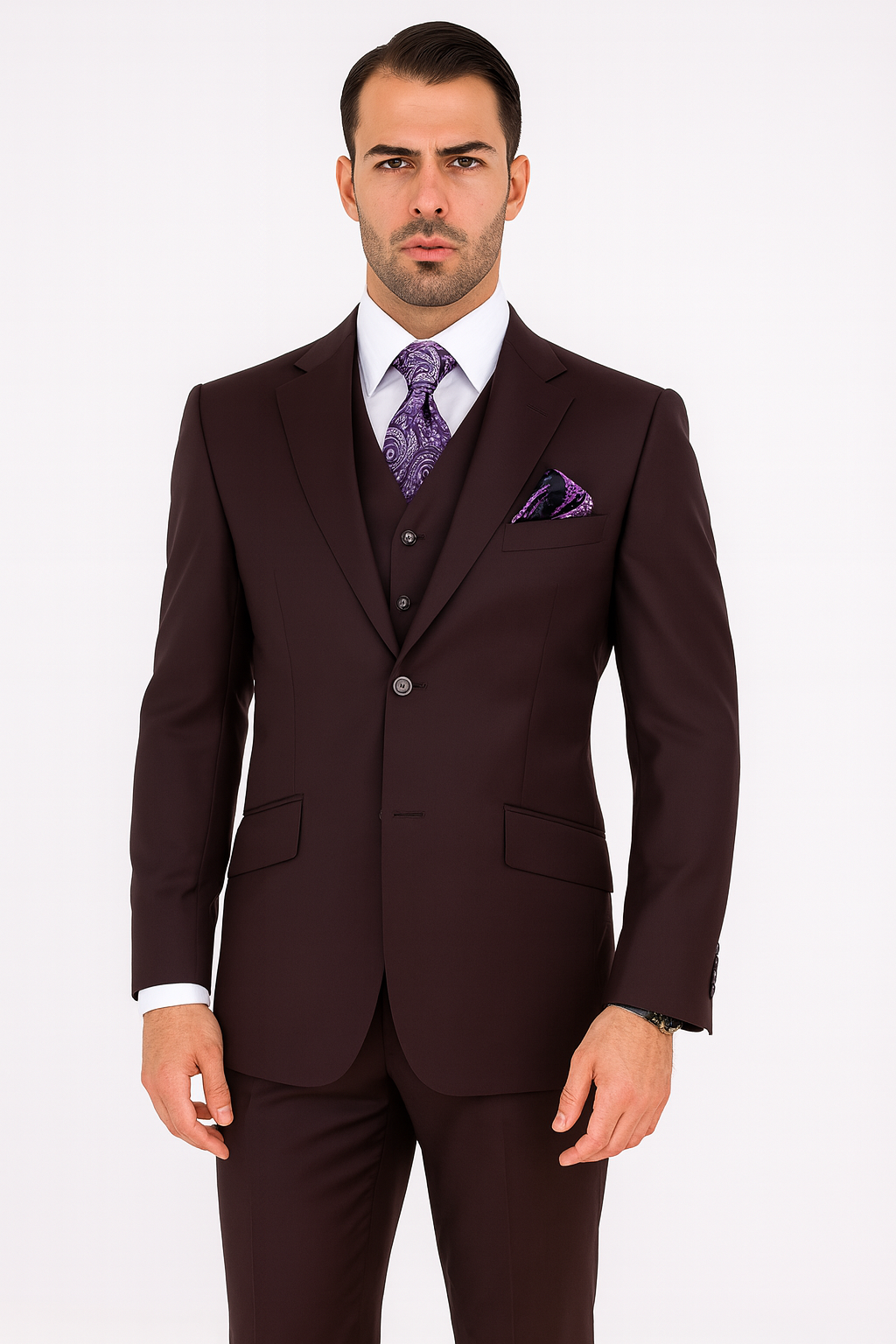 100 Percent Wool Fit Suit - Mens Wool Business EggplantSuits - New Arrival - 34 Short or Extra Small