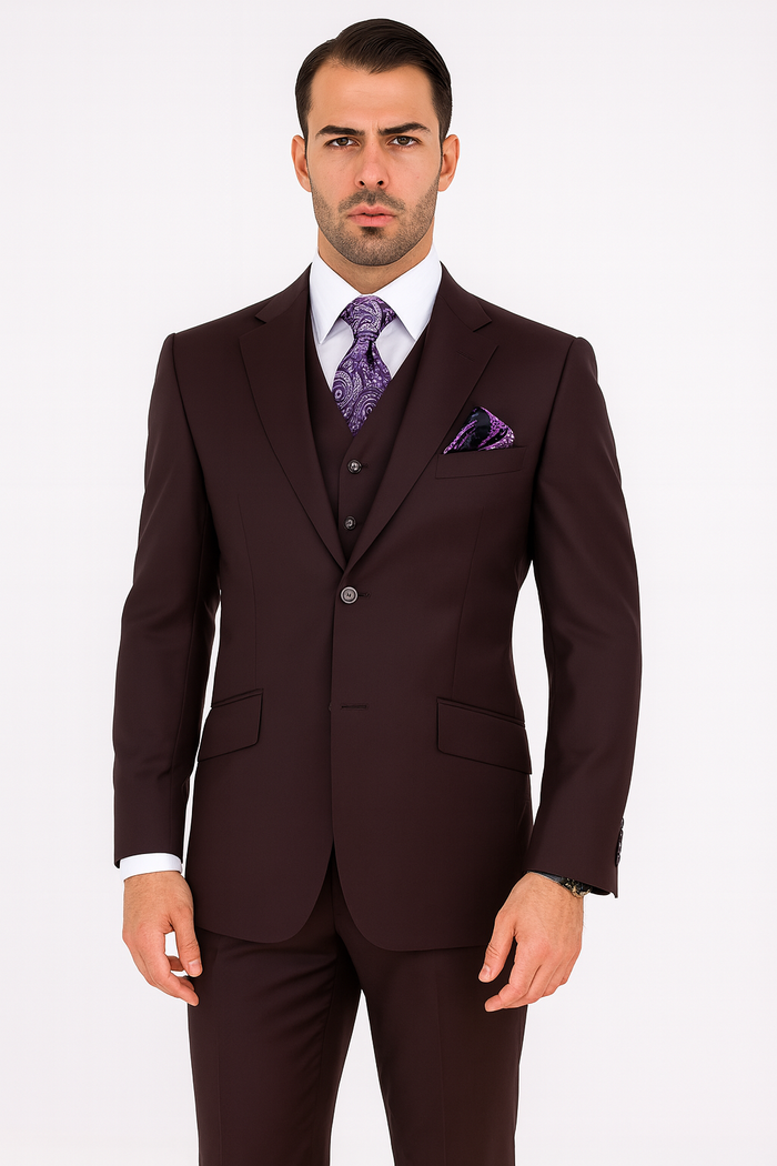 100 Percent Wool Fit Suit - Mens Wool Business EggplantSuits - New Arrival