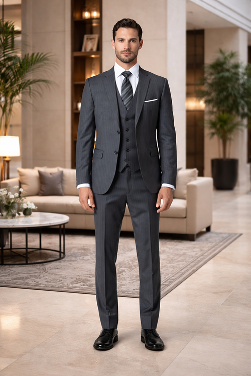 100 Percent Wool Suit - Mens Wool Fit Business Charcoal Grey  Suits