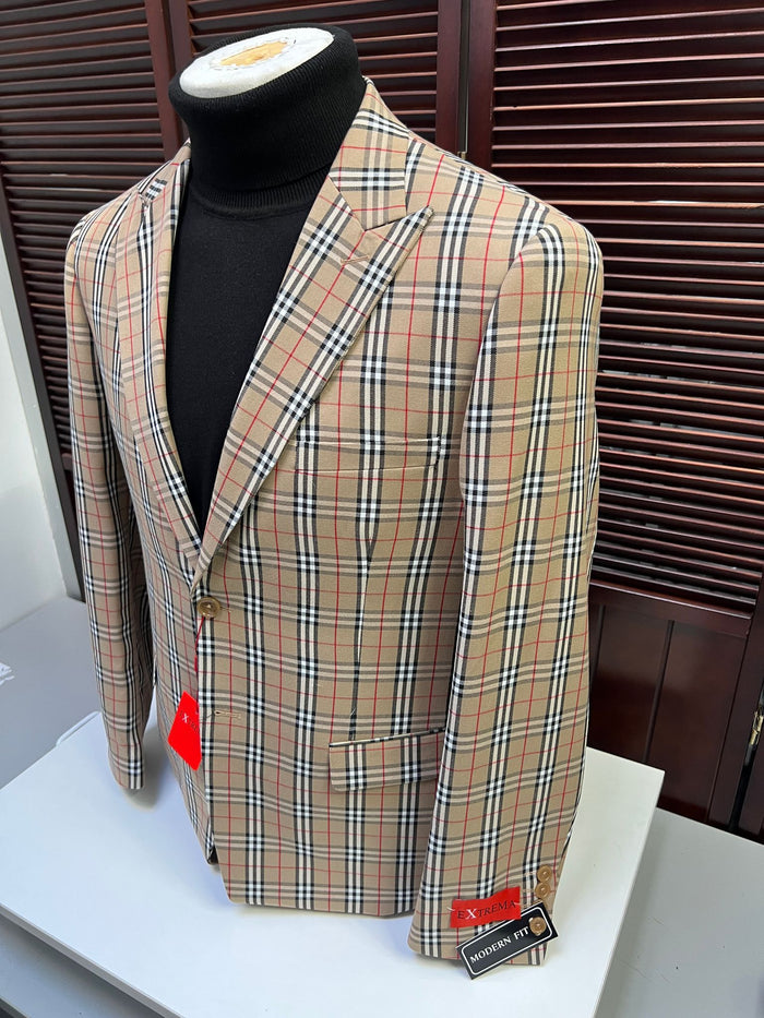 Classic Beige Checkered Blazer â€“ Tan Plaid Sport Coat - Camel Windowpane Pattern