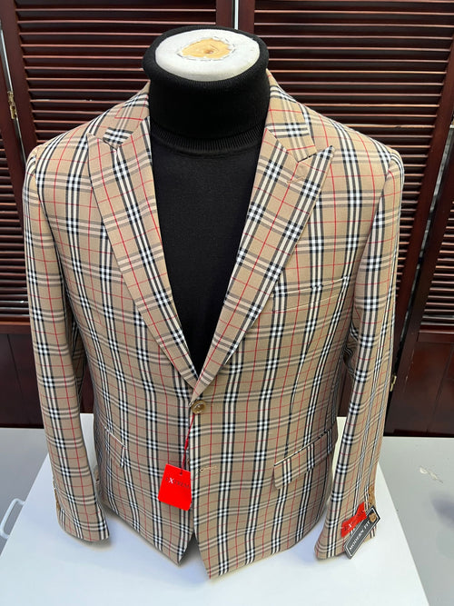 Classic Beige Checkered Blazer â€“ Tan Plaid Sport Coat - Camel Windowpane Pattern