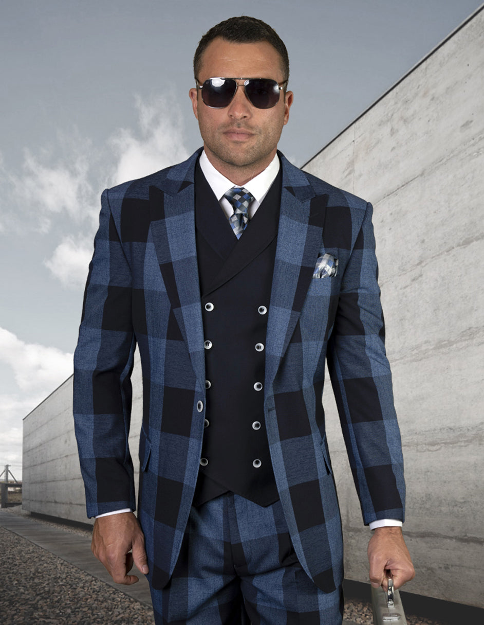 Mens 2 Button Wide Peak Lapel Double Breasted Vest Suit in Navy Plaid - 42 Regular