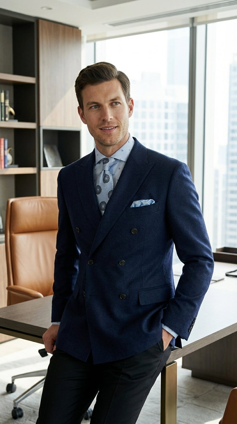 Mens Navy Blue Double Breasted Blazer – Classic Formal Suit Jacket for Business, Wedding, Office and Professional Wear - 36 Short