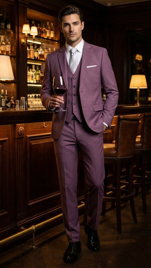 Mens Mauve Three-Piece Suit - Slim Fit Formal Blazer, Vest, and Trousers for Weddings Rose Gold Pinkish Color