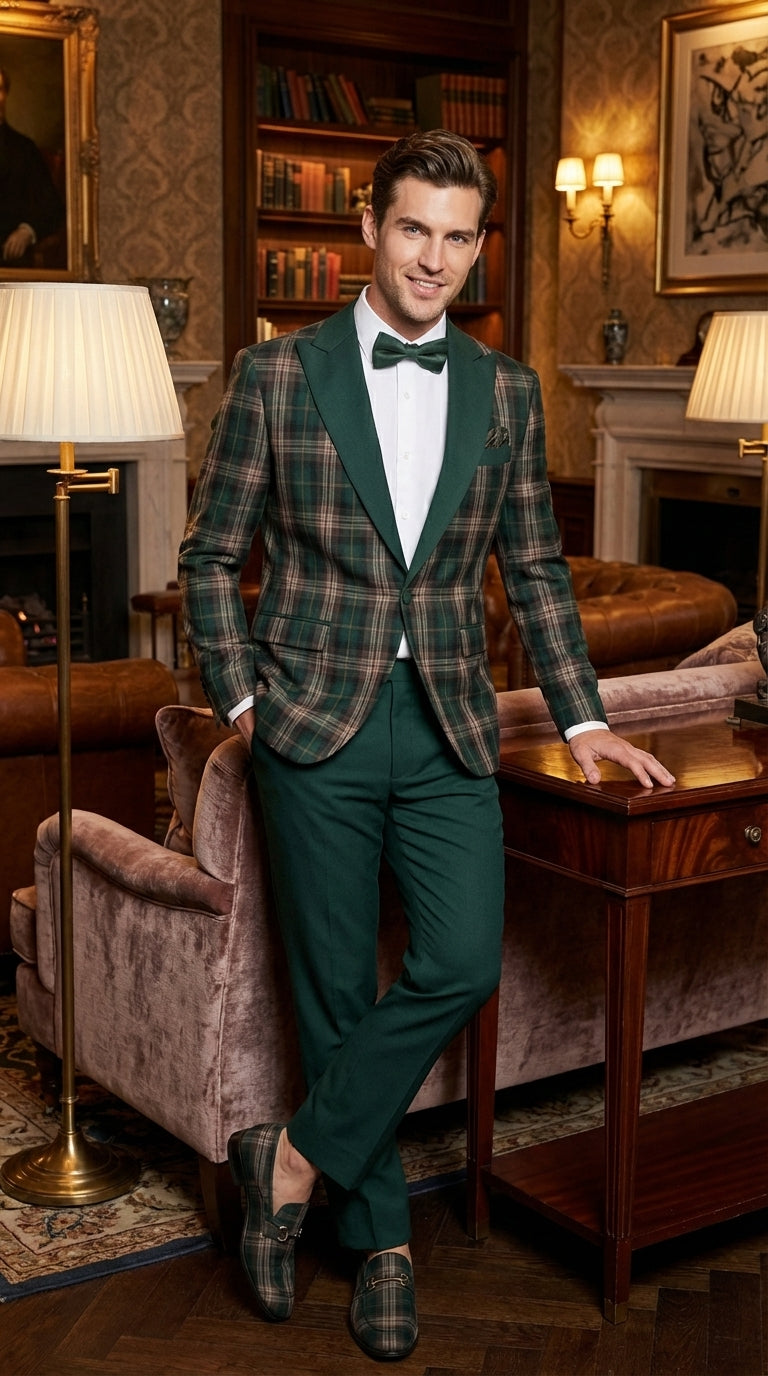Mens Tartan Green and Brown Blue Plaid Tuxedo Dinner Jacket Set – Checkered Prom Blazer with Dark Green Pants Formal Wedding Party Wear - 36 Short