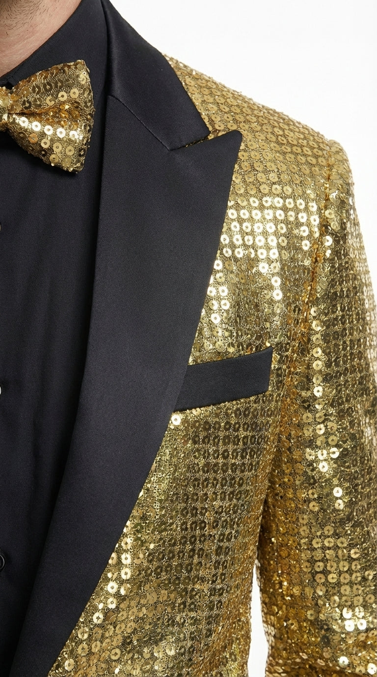 Mens Gold Sequin Blazer with Black Satin Lapel – Gold Formal Party Blazer Jacket for Prom, Wedding and Stage Events - 36 Short
