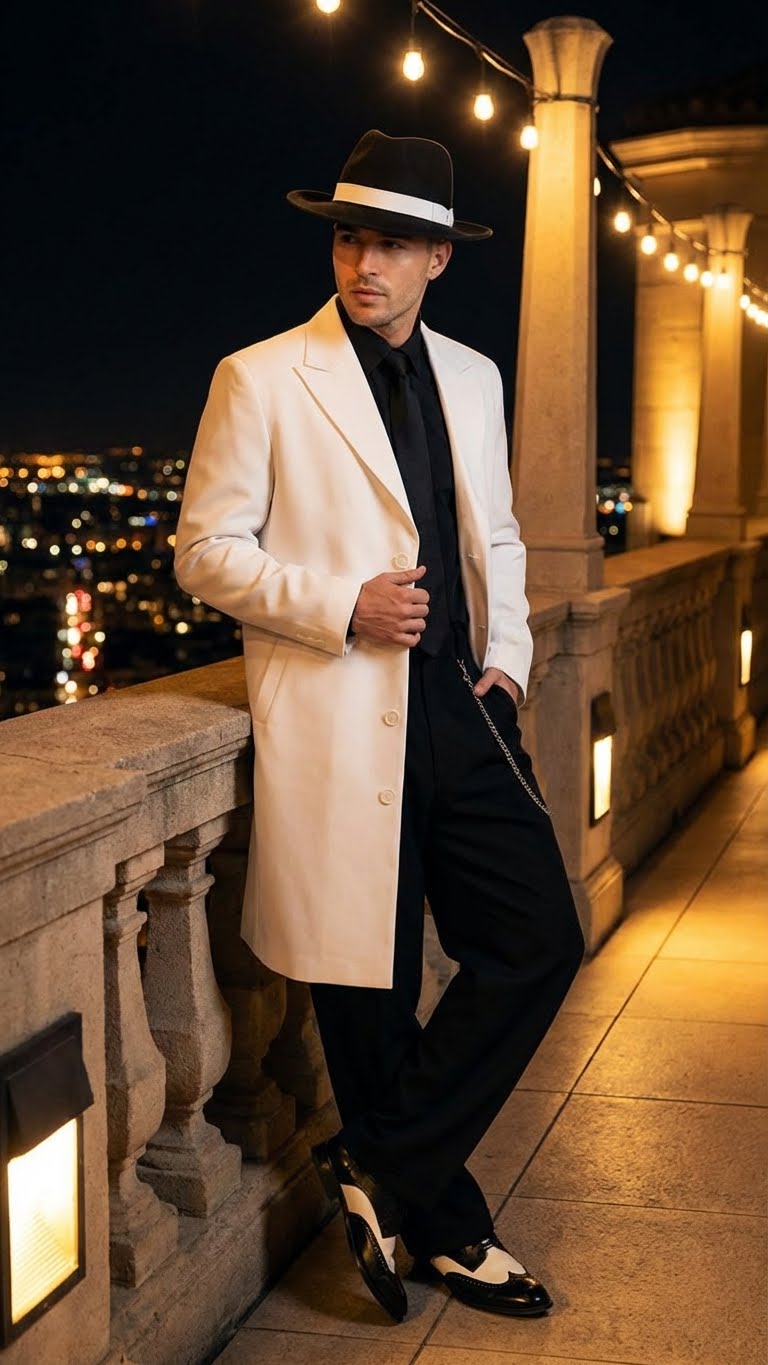 Men’s White Zoot Suit Gangster Style Outfit –  White Jacket + Vest + Pants + Shirt & Tie  Combo Package - 34 Short or Extra Small