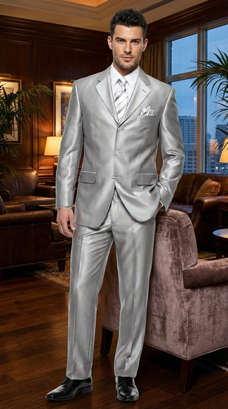 Men’s Silver Grey Sharkskin Suit – 3 Button Classic Fit Shiny Formal Suit for Wedding, Business and Party Wear - 34 Short or Extra Small