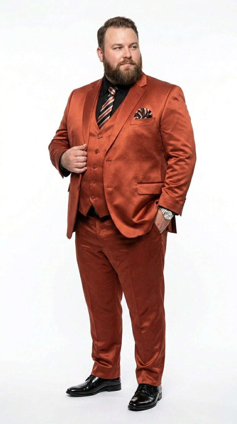 Men’s Rust Copper Coganc Shiny Sateen 3 Piece Suit, Vested Formal Wedding Prom Suit Set Ultra Slim Fit - 34 Short or Extra Small