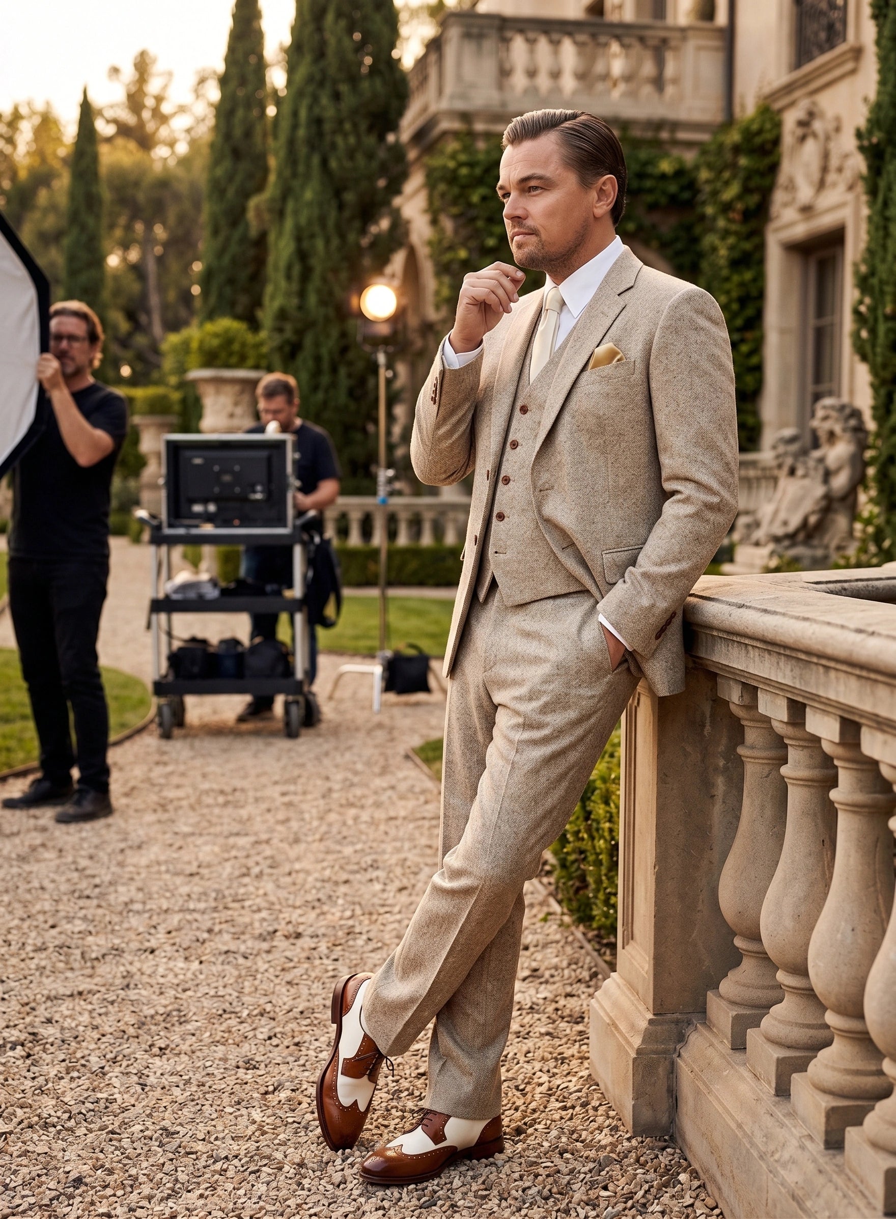 Men’s Light Tan Tweed Great Gatsby 3 Piece Suit – Vintage Vested Wedding Suit, 1920s Classic Formal Outfit Herringbone - 34 Short or Extra Small
