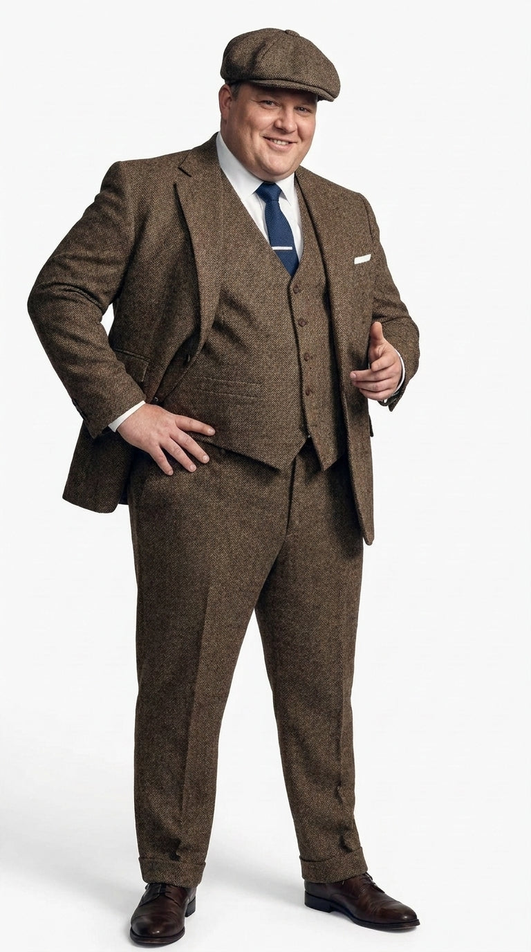 Men's Thomas Shelby Brown Tweed Herringbone 3-Piece Suit – Peaky Blinders 1920s Vintage-Style Suit with Matching Vest & Trousers