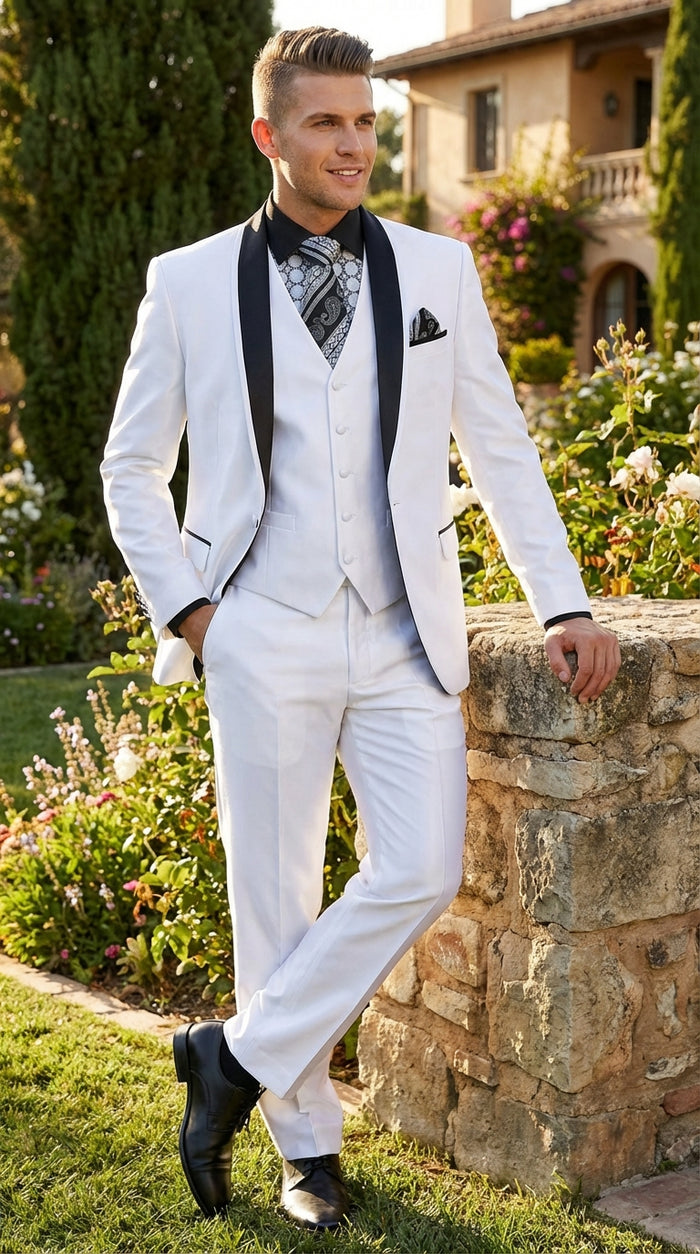 Mens White Shiny Flashy Fabric Tuxedo Suit with Black Shawl Lapel | Luxury Formal Wedding and Evening Suit Sharkskin Metallic Fabric