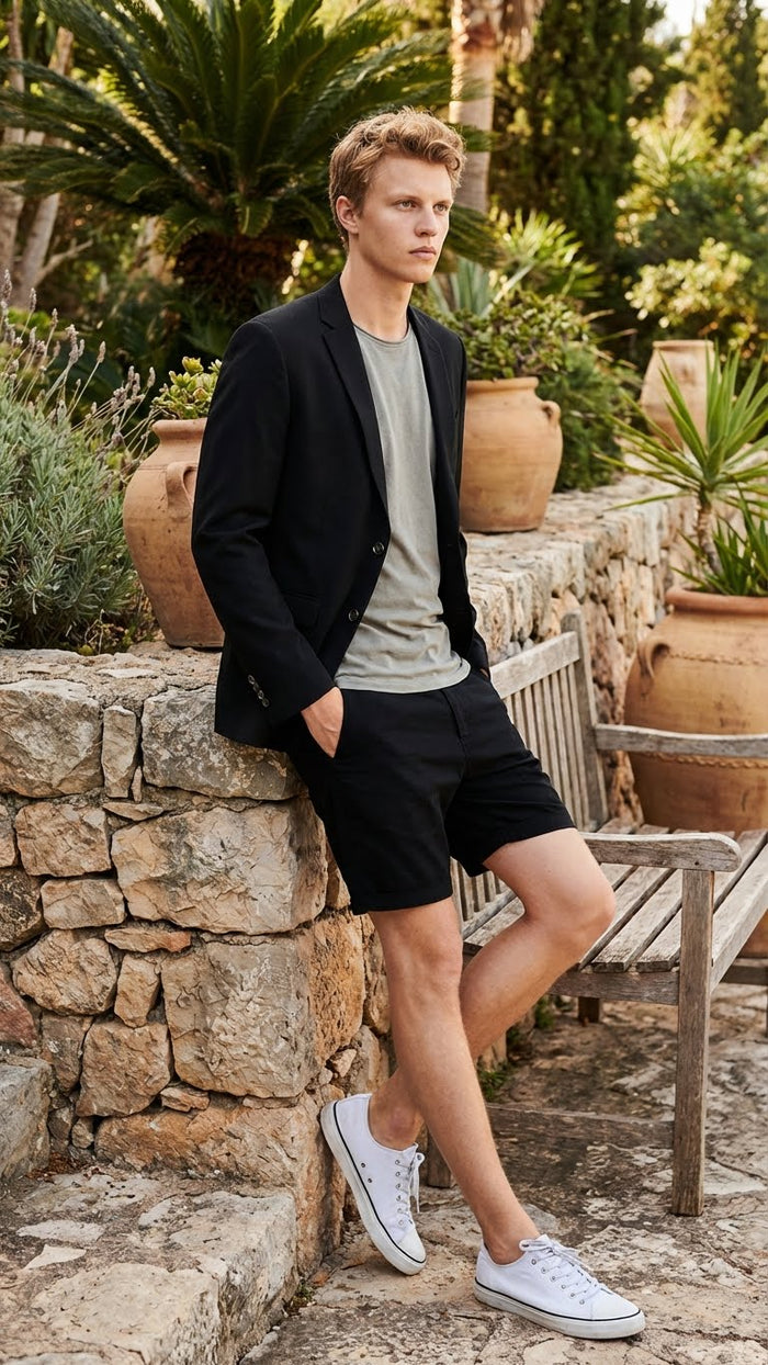 Mens Black Summer Business Suit with Shorts Pants Set