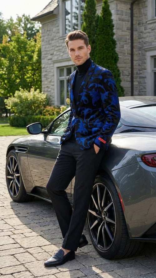 Mens Black and Royal Blue Patterned Blazer Paisley Floral Sport Coat Prom Jacket