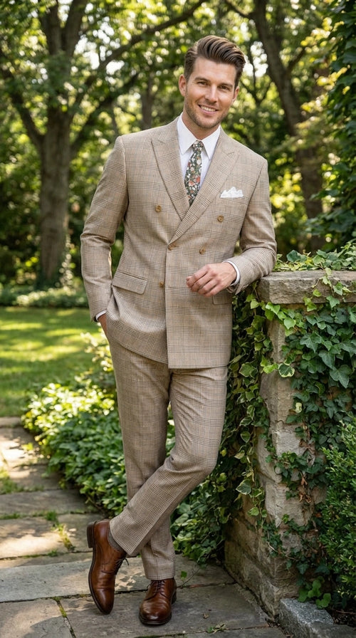 Vinci Mens Beige Plaid Double Breasted Suit Classic Checkered Formal Suit Set in Tan Color Windowpane Checkered Pattern