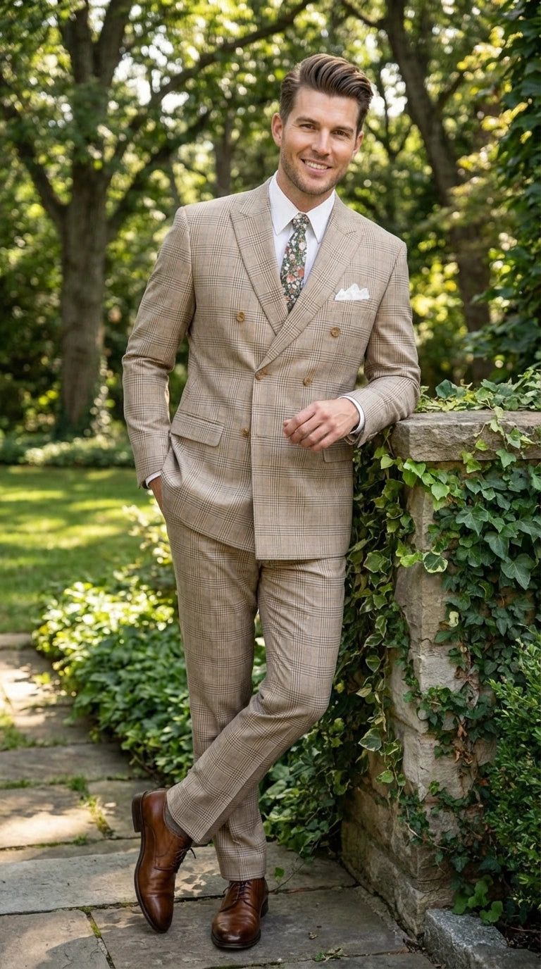 Vinci Men’s Beige Plaid Double Breasted Suit – Classic Checkered Formal Suit Set in Tan Color Windowpane Checkered Pattern - 34 Short or Extra Small