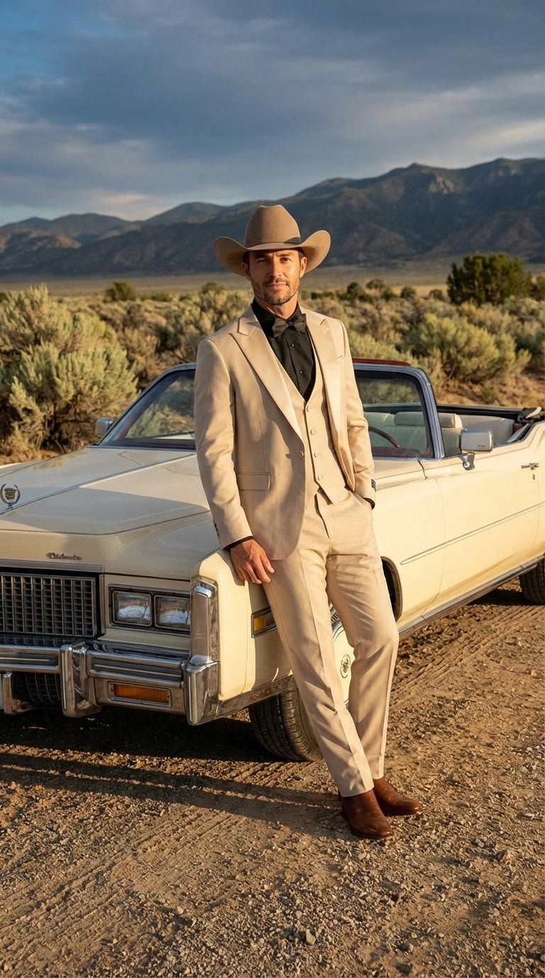 Mens Tan Cowboy Suit Western Formal Two Piece Suit for Weddings,  Champaign Sand Color - 34 Short or Extra Small