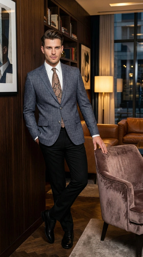 Mens Charcoal Gray Windowpane Check Blazer Classic Two Button Formal Sport Coat Jacket
