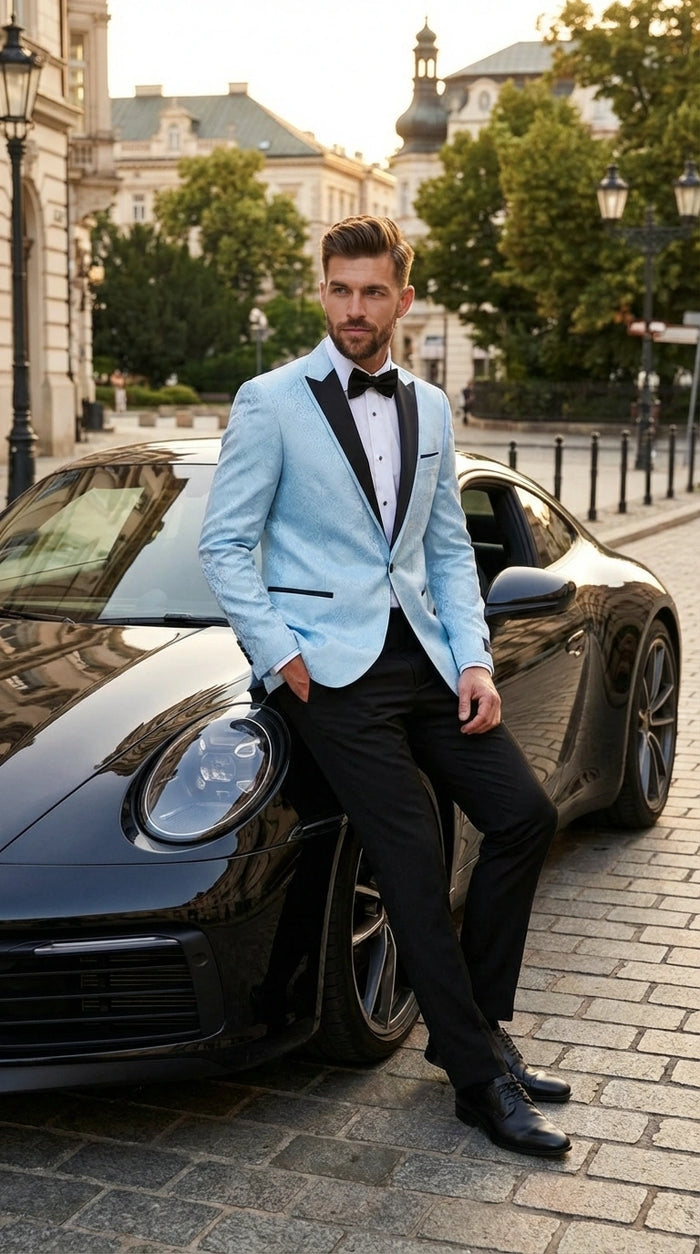 Mens Baby Blue Tuxedo Blazer with Black Lapel Formal Dinner Jacket for Wedding, Prom and Evening Events  in Sky Light Blue Color