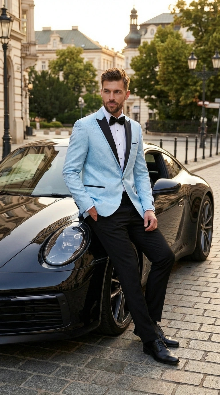 Men’s Baby Blue Tuxedo Blazer with Black Lapel – Formal Dinner Jacket for Wedding, Prom and Evening Events  in Sky Light Blue Color - 34 Short or Extra Small