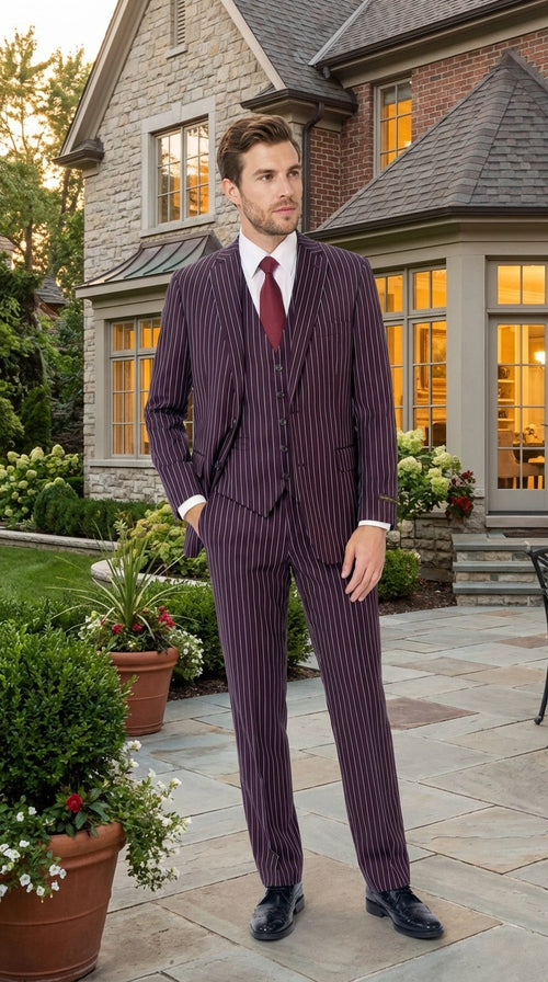 Mens Plum Eggplant Pinstripe 3 Piece Suit Burgundy Purple Formal Suit  Gangster 1920s Mafia Pimp Suit