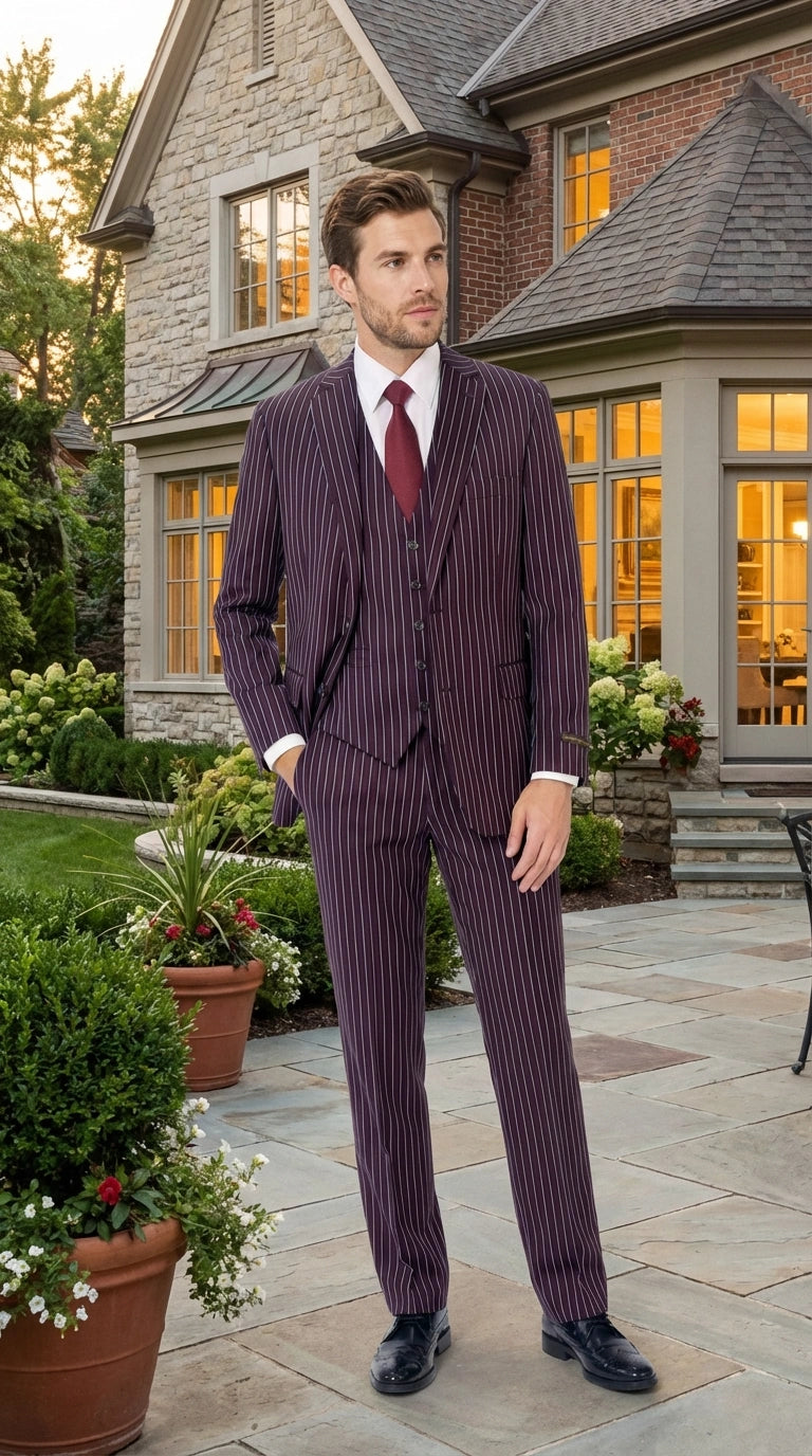 Men’s Plum Eggplant Pinstripe 3 Piece Suit – Burgundy Purple Formal Suit  Gangster 1920s Mafia Pimp Suit - 34 Short or Extra Small