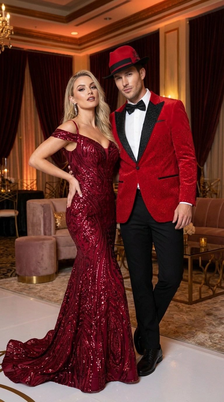 Men’s Red Velvet Fabric Rhinestone  Blazer with Matching Red and Black Hat – Christmas New Year Holiday Party Jacket Set - 36 Short