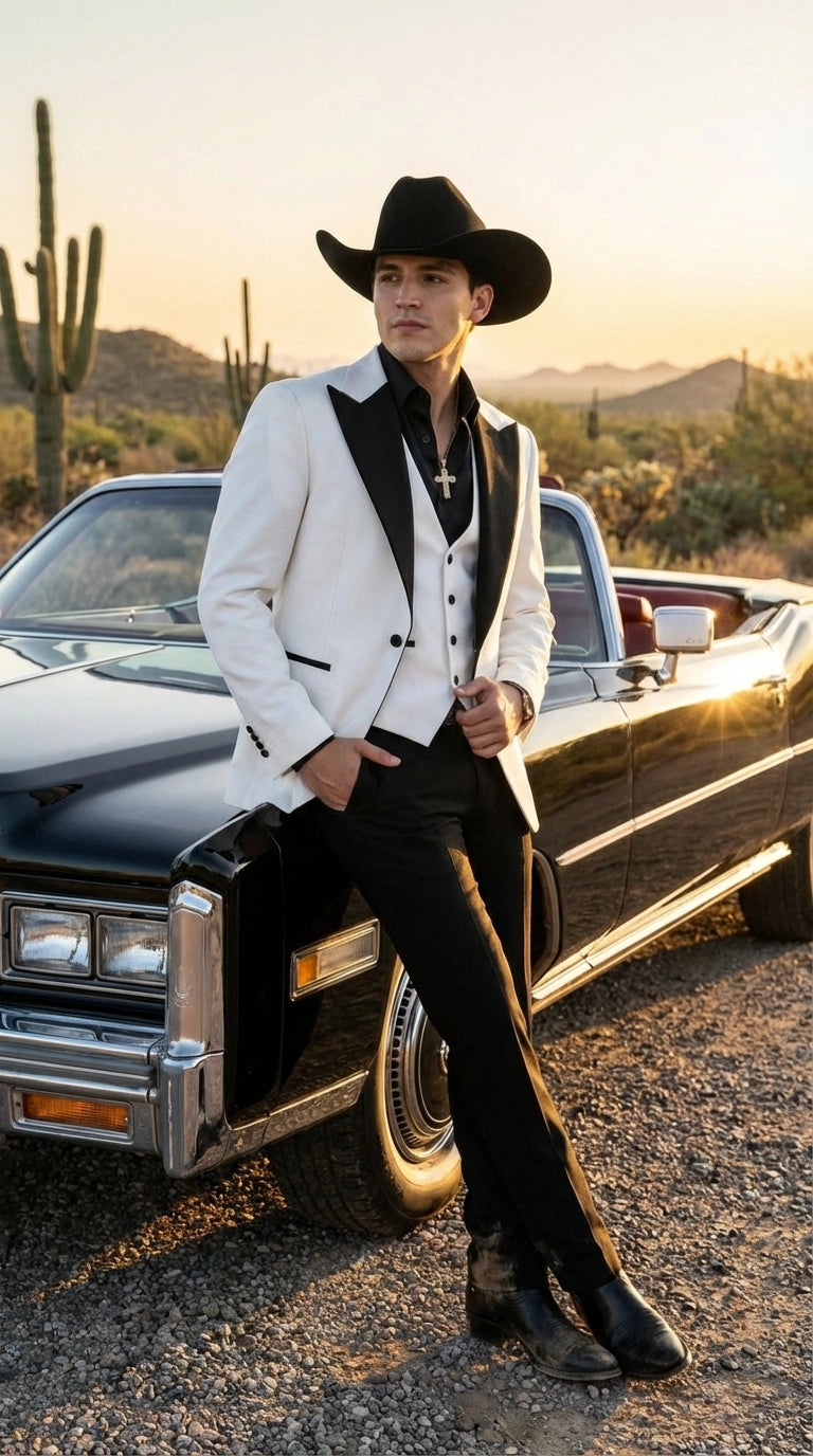 Men’s White Cowboy Tuxedo with Black Satin Lapel – Western Formal Suit with Matching Vest - 34 Short or Extra Small