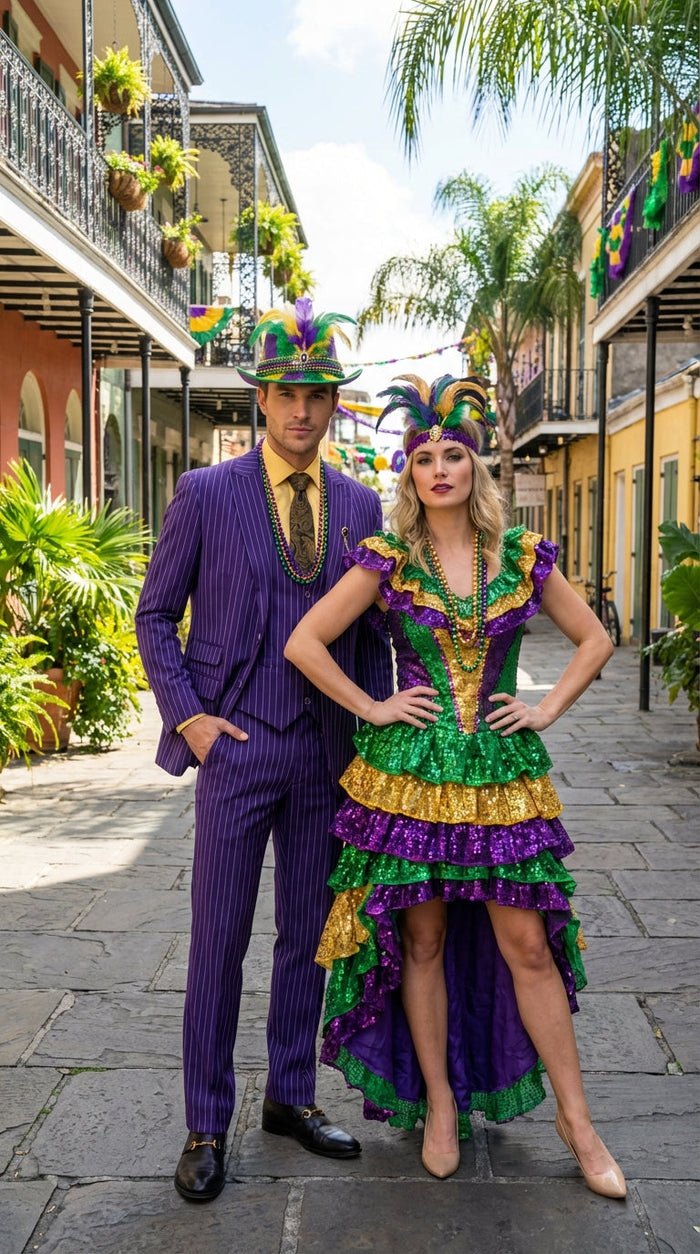Mens Purple Pinstripe Mardi Gras Suit | Three Piece Carnival Formal Suit with Vest