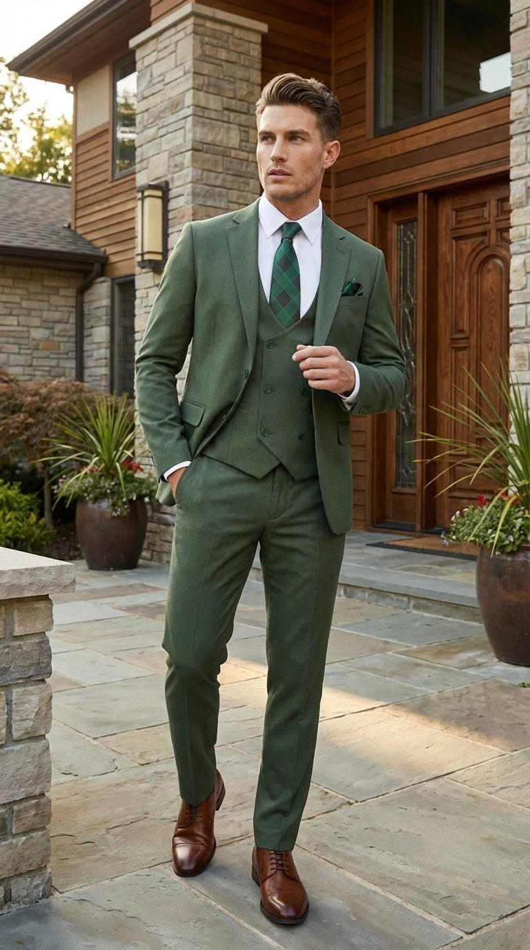 Men’s Forest Green Three Piece Suit – Double Breasted Vest Formal Wedding and Business Suit Set Olive Green Slim Fit - 34 Short or Extra Small