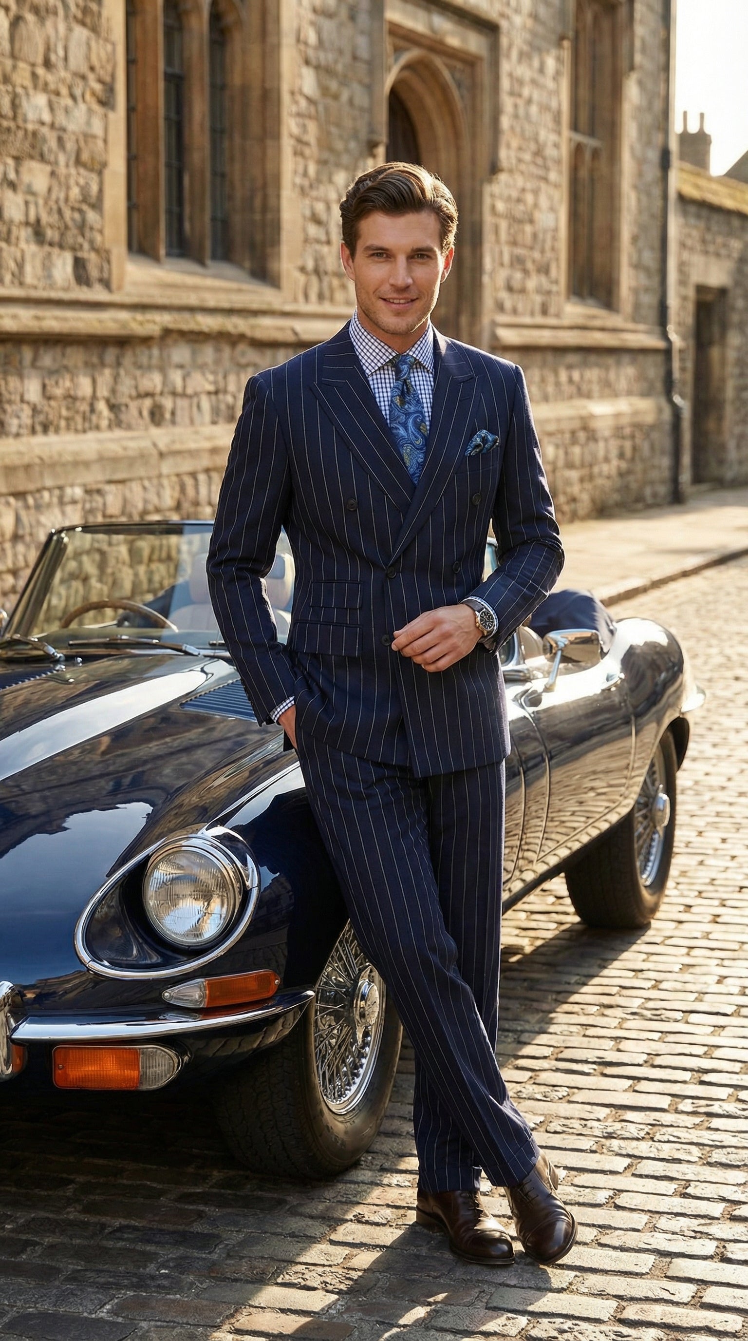Men's Navy Blue Double Breasted Pinstripe Suit Modern Fit By rossiman