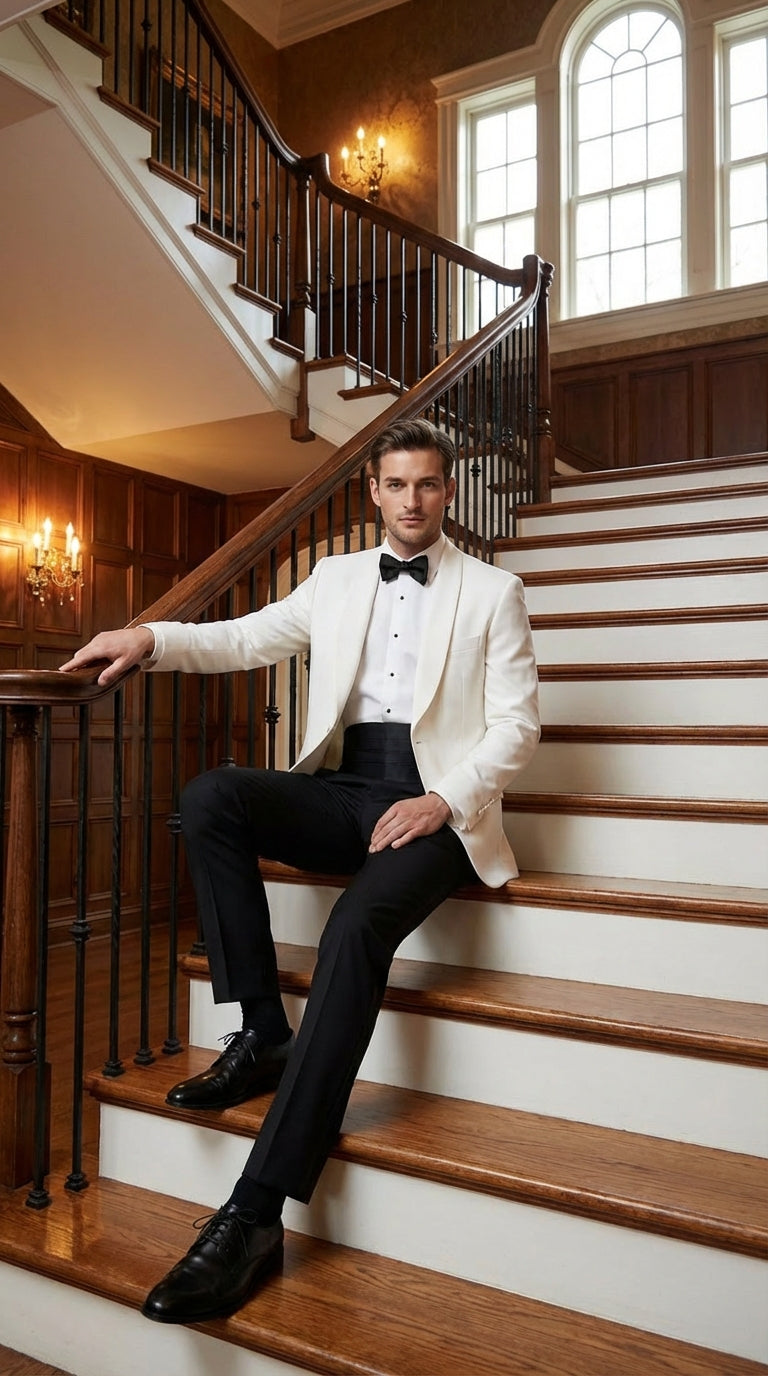 Men's White Dinner Jacket Tuxedo Blazer with Black Satin Shawl Lapel  With Black Tuxedo Pants - 34 Short or Extra Small