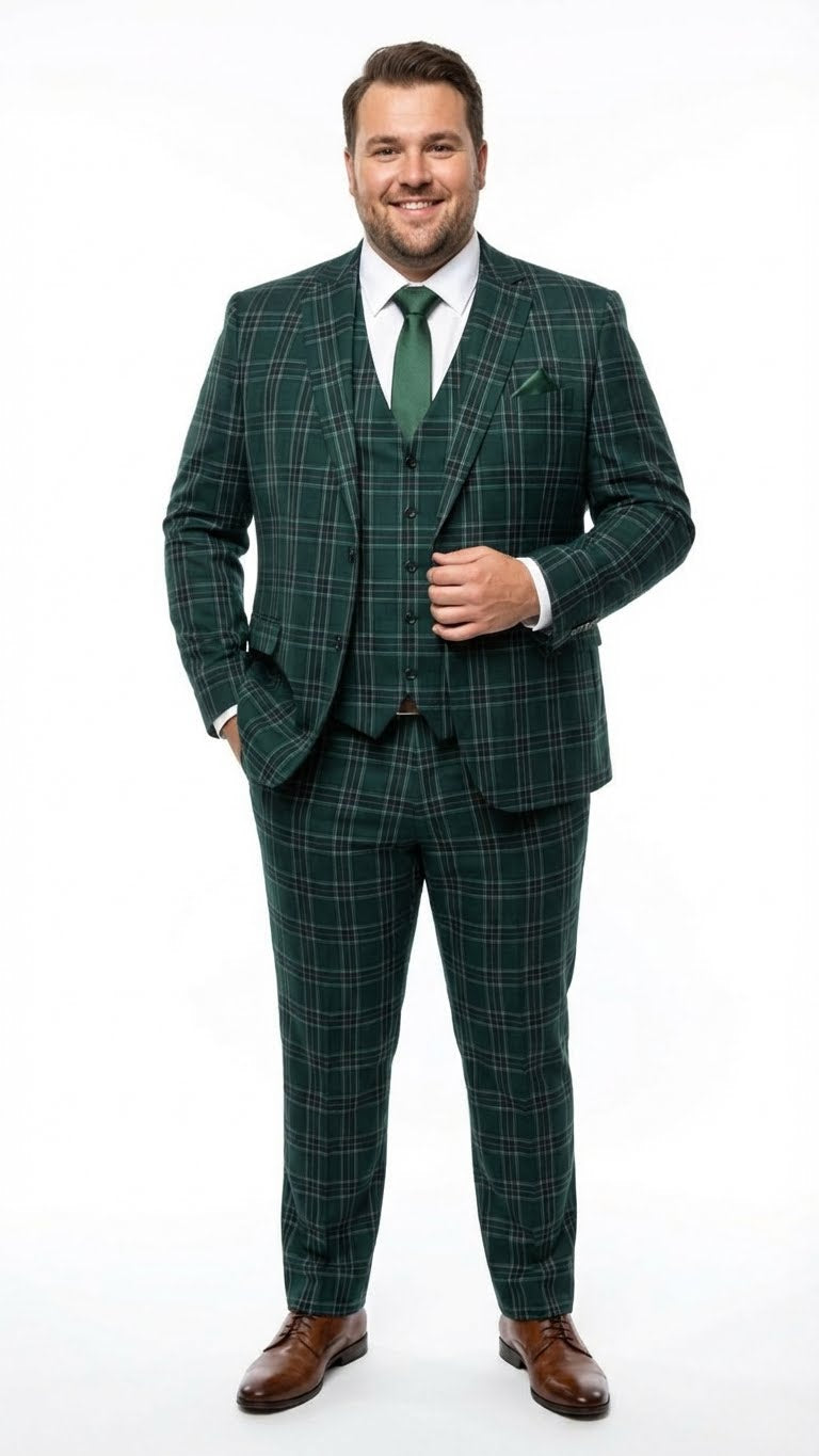 Men's Dark Green Plaid 3 Piece Suit Checkered Suit Set for Wedding, Windowpane Tartan Fabric - Ultra Slim Fit