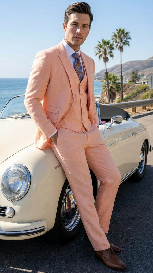 Mens Light Peach 3 Piece Suit Set with Vest, Prom Wedding Dress Suit