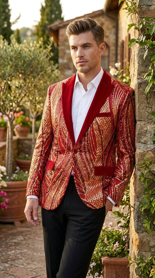 Men’s Red and Gold Sequin Christmas Holiday Blazer – Luxury Party Jacket for New Year, Wedding and Festive Events